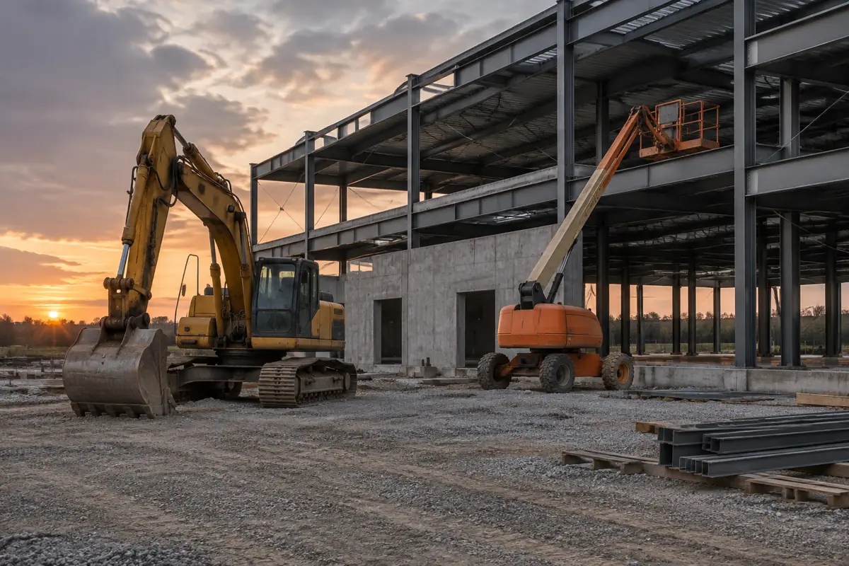 Parked excavator and boom lift at a quiet construction site at dusk.