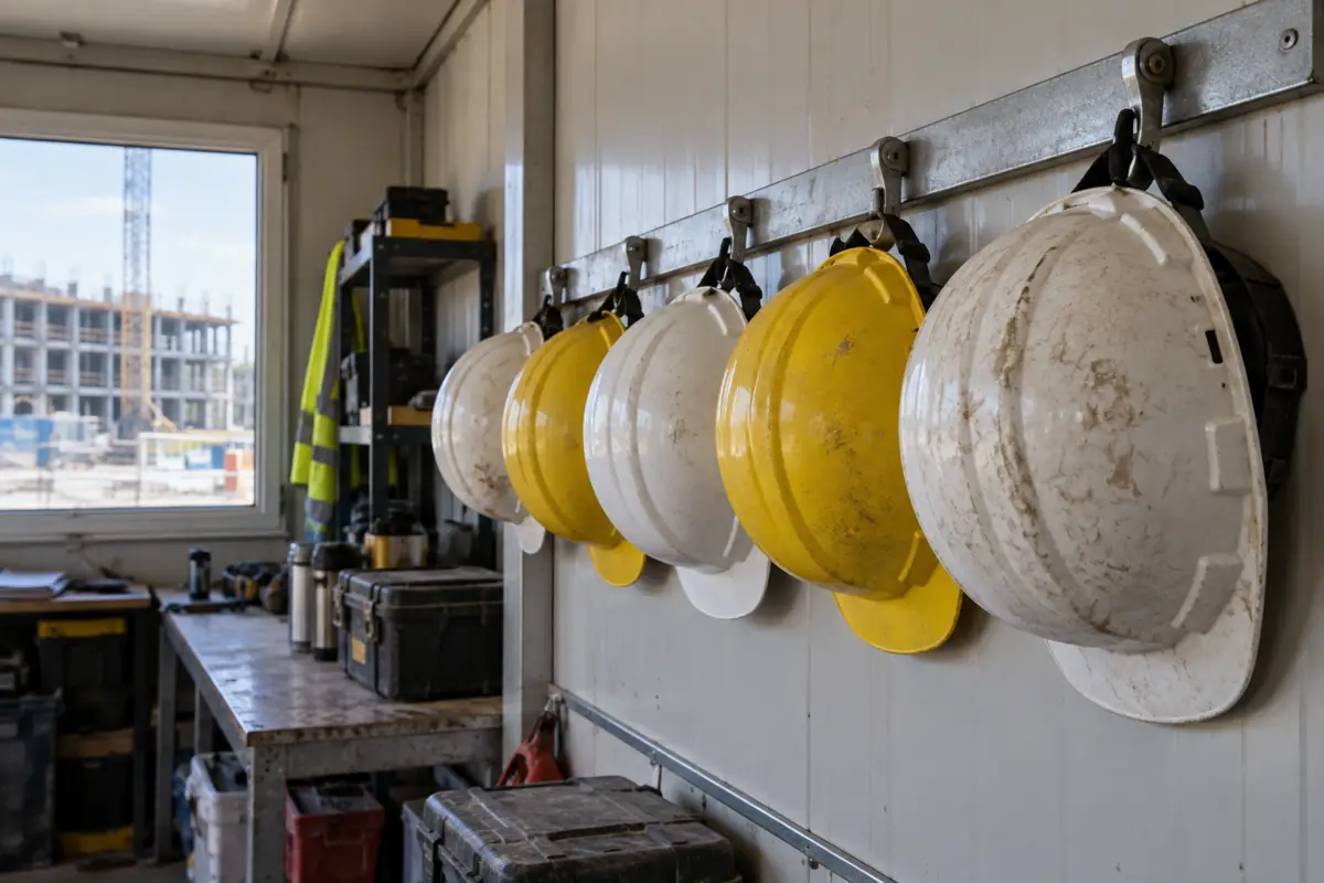 Hard hats hanging on a metal rail at a construction site.