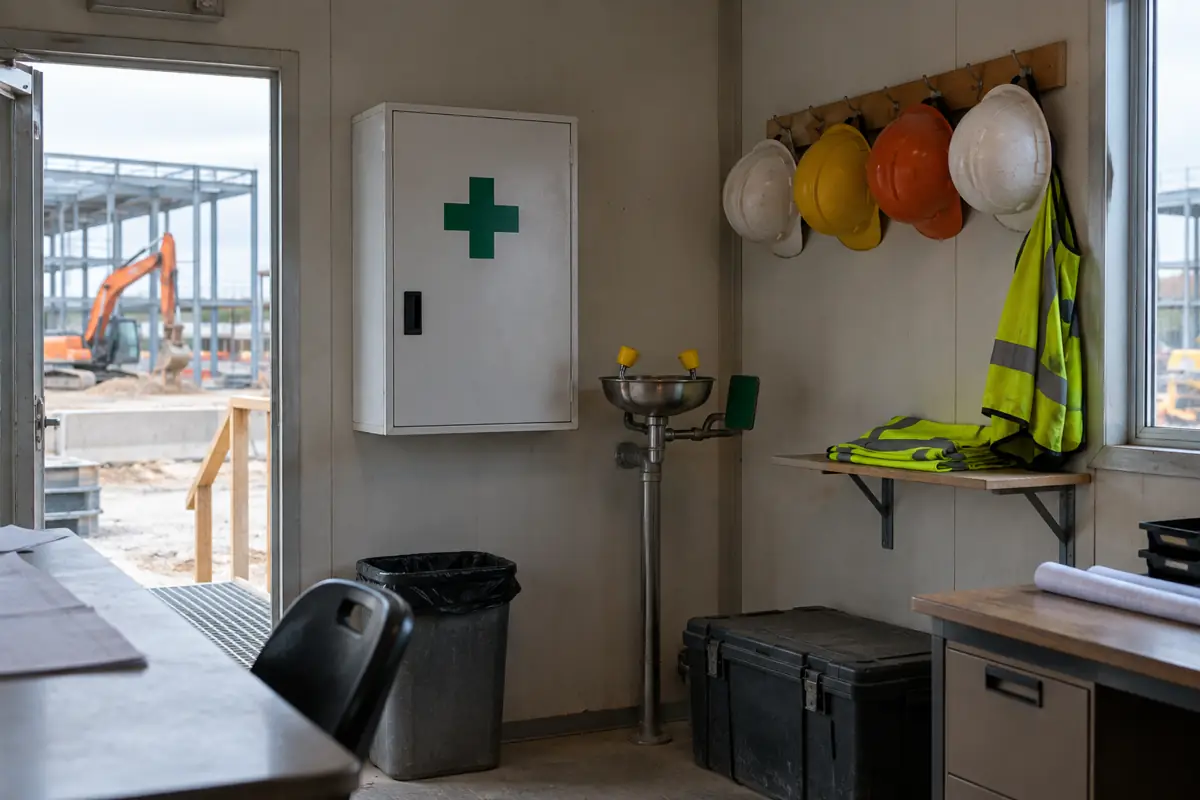 First-aid and safety station inside a construction site trailer