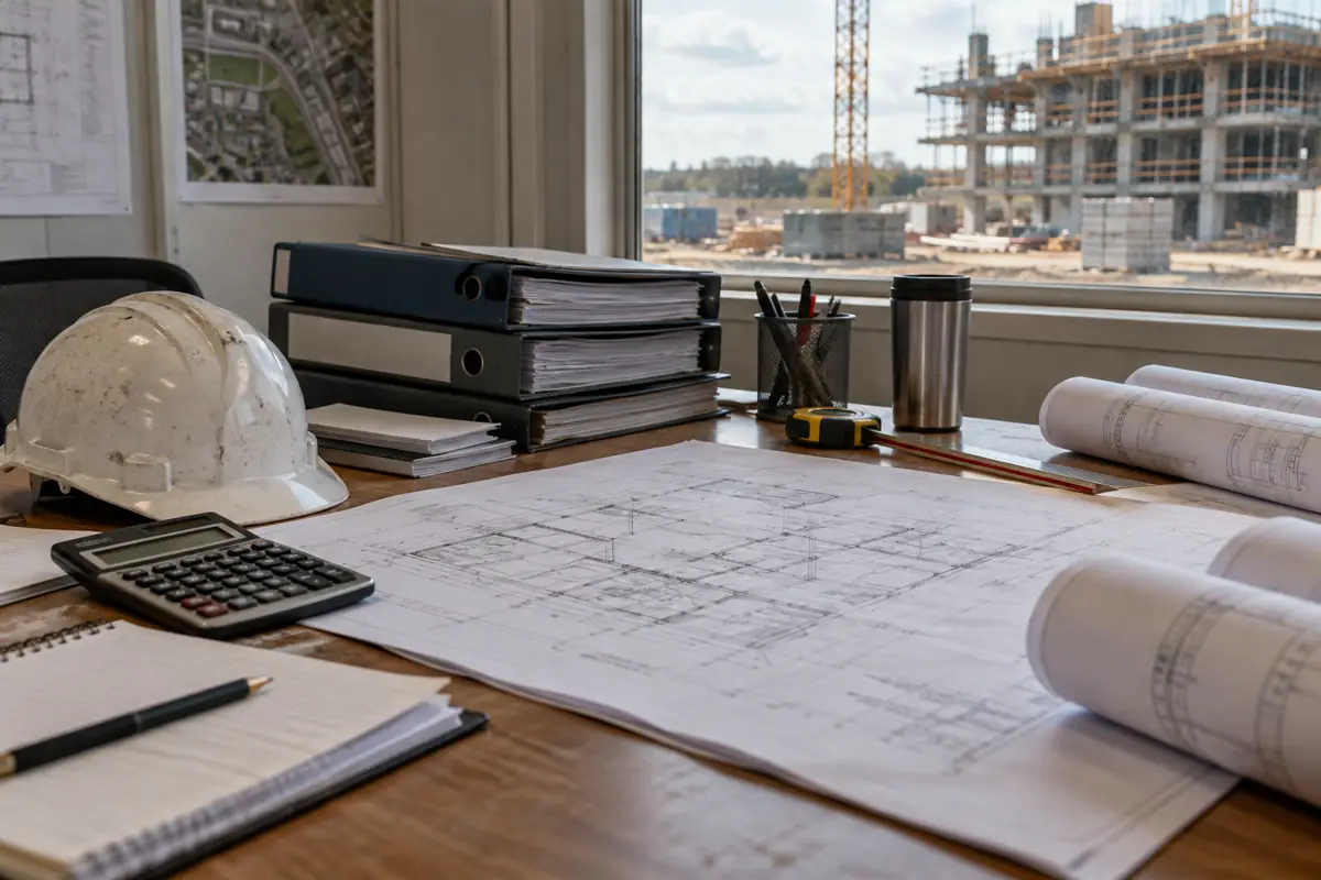 Insurance folders and payroll binders on a contractor's desk