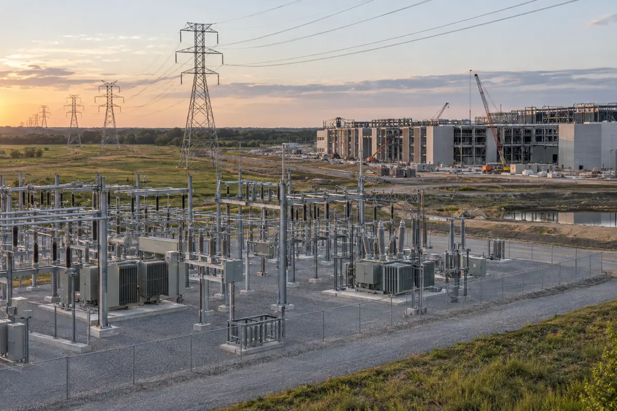 Substation and transmission lines beside a data center construction site