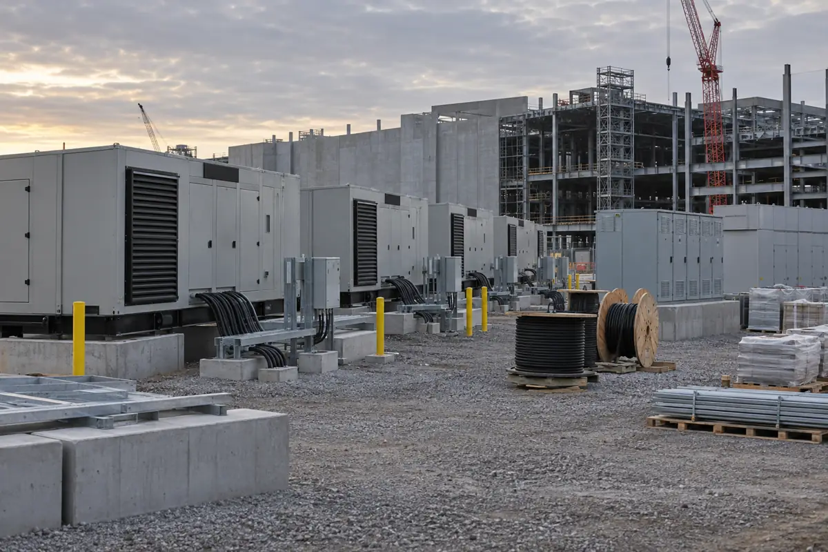 Generators and electrical gear staged on a data center jobsite