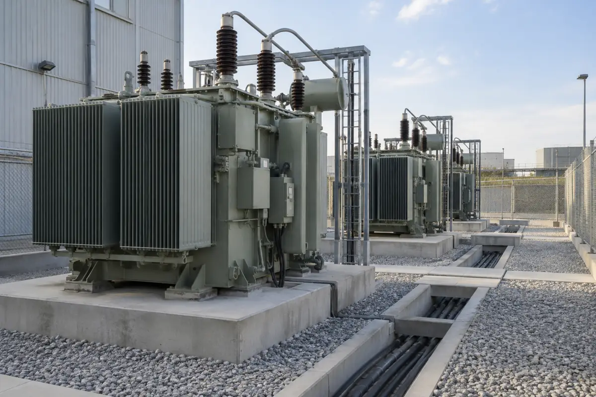 Rows of power transformers on concrete pads in a fenced electrical yard