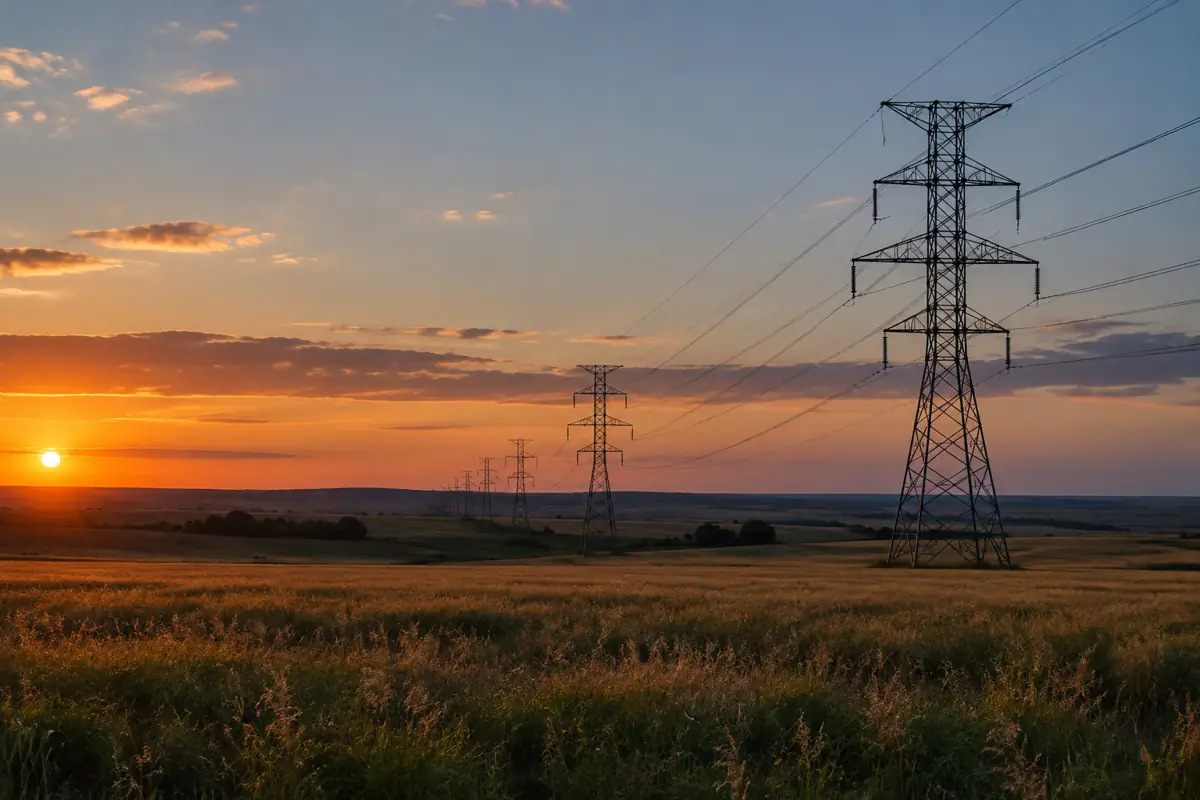 Transmission towers and high-voltage lines across open land at dusk