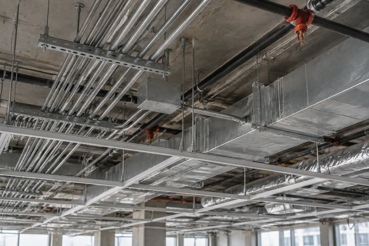 Parallel conduit runs on strut supports across an open commercial ceiling.