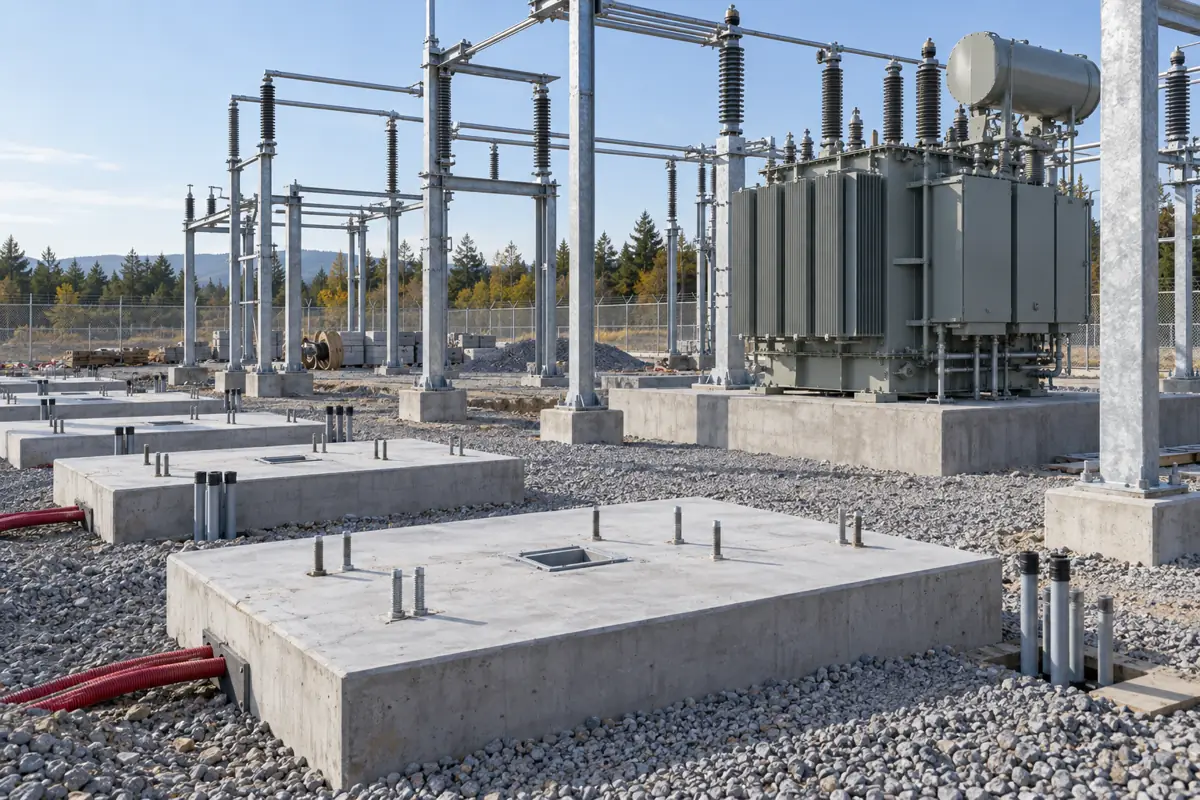 Concrete transformer pads and a newly set power transformer at a substation construction site.
