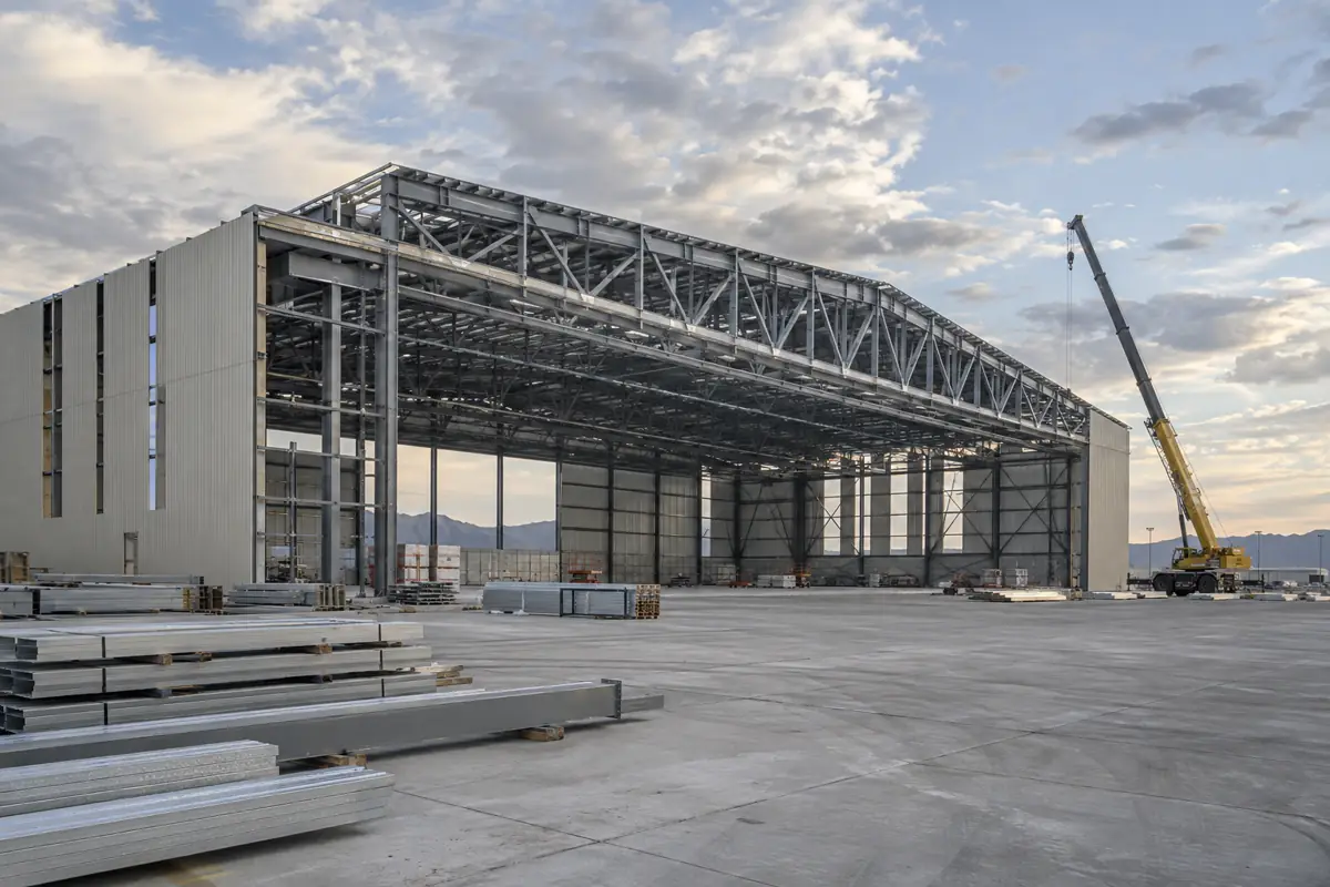 Steel frame of an aircraft hangar under construction on an open airfield apron