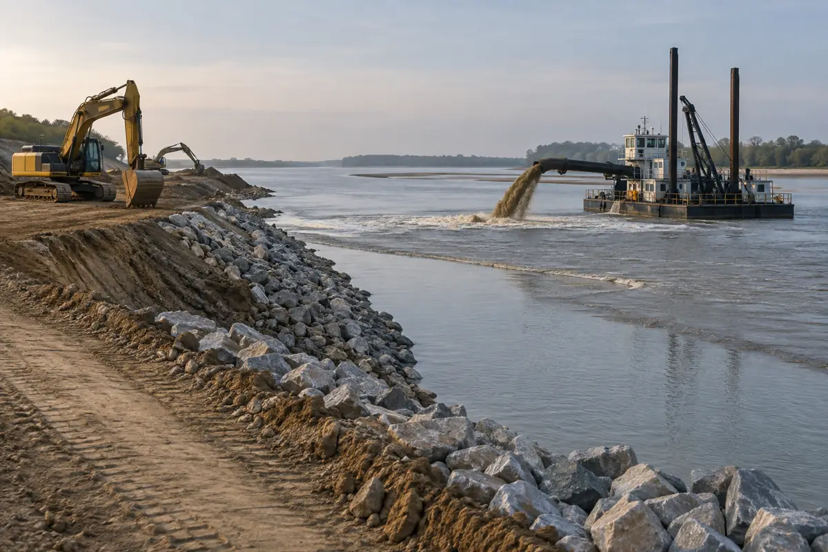 Dredge barge and earthen levee works along a river embankment