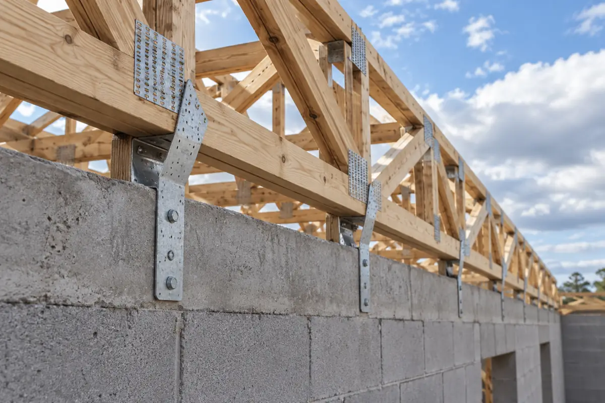 Roof trusses tied to a concrete bond beam with galvanized hurricane straps
