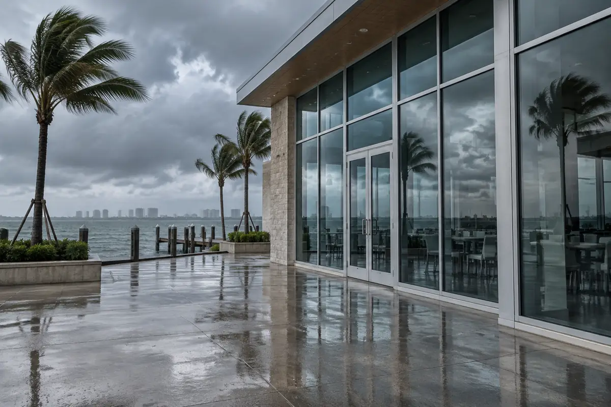 Coastal commercial building with impact-resistant windows under a grey sky