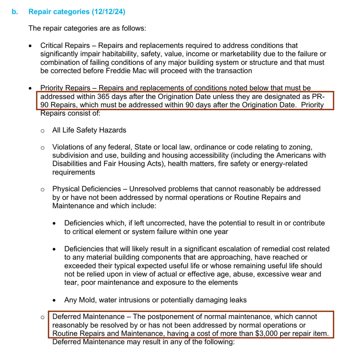 Freddie Mac Guide Chapter 62.3(b) repair categories with the 365-day, 90-day and $3,000 lines boxed