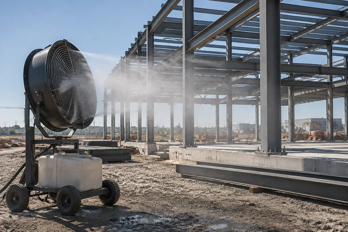 Industrial misting fan beside an exposed steel building frame on a hot day