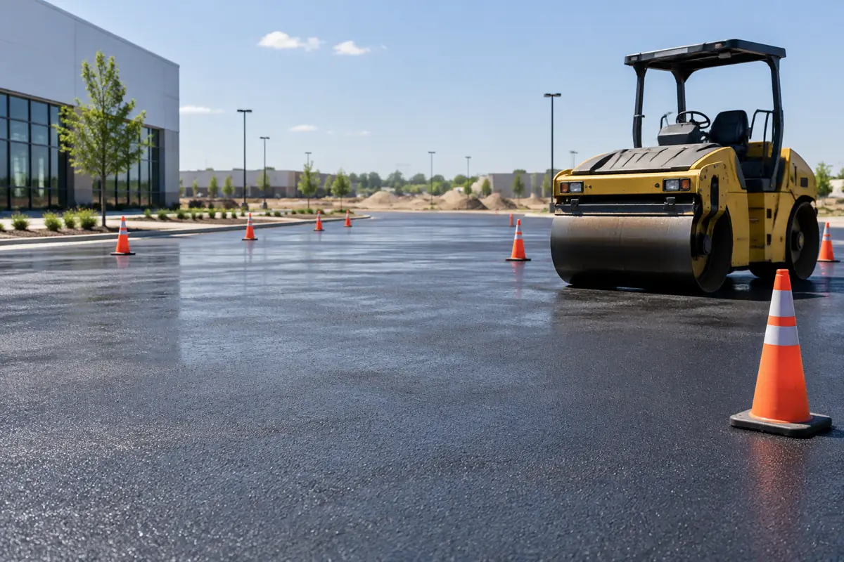 Fresh asphalt on a commercial site at noon with heat shimmer and a parked roller