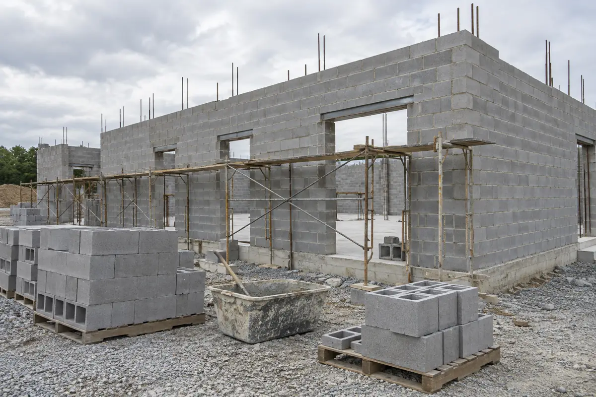 Concrete block wall under construction on a retail building with scaffolding and pallets of blocks.