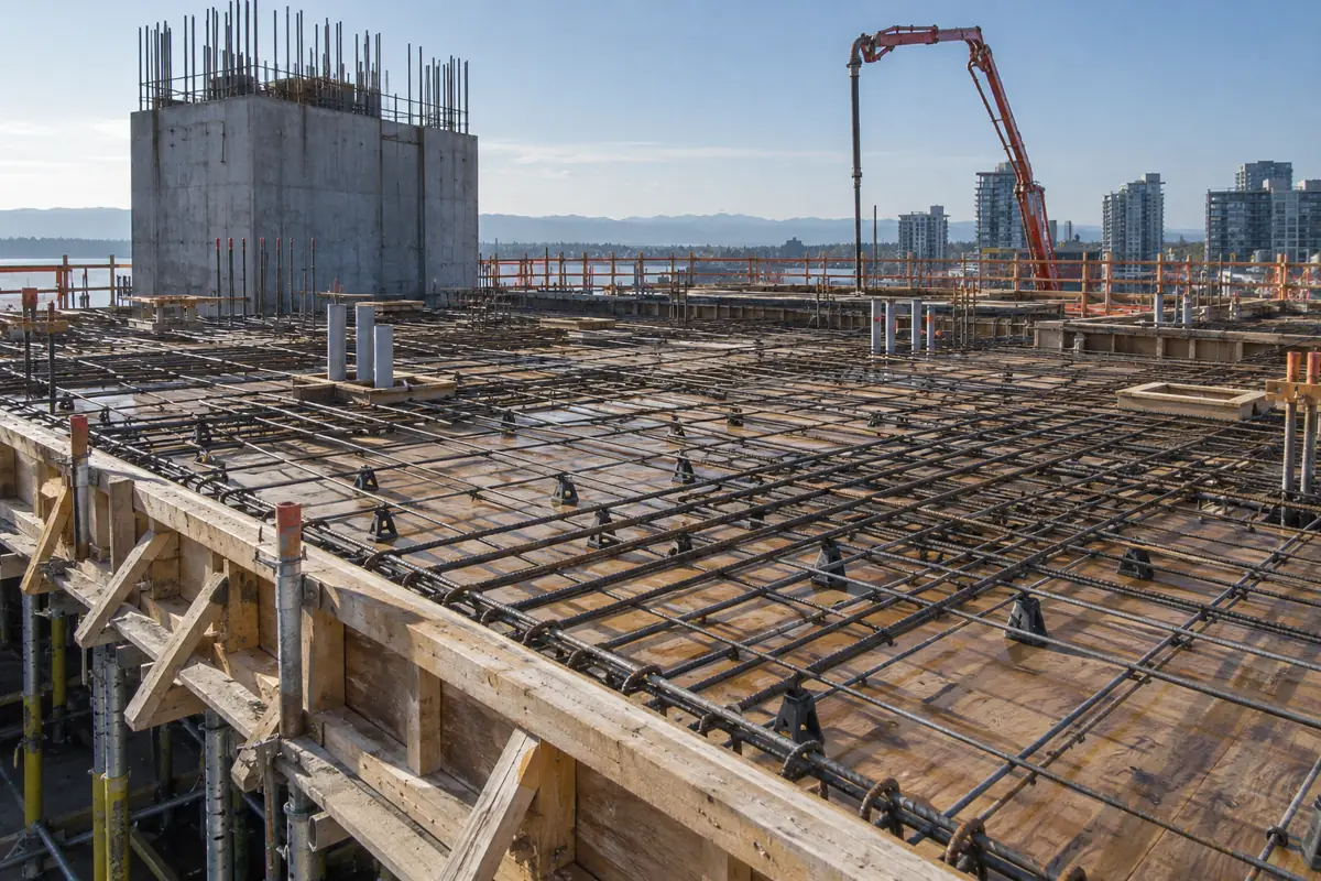 Concrete formwork deck with tied rebar mats ready for a pour.