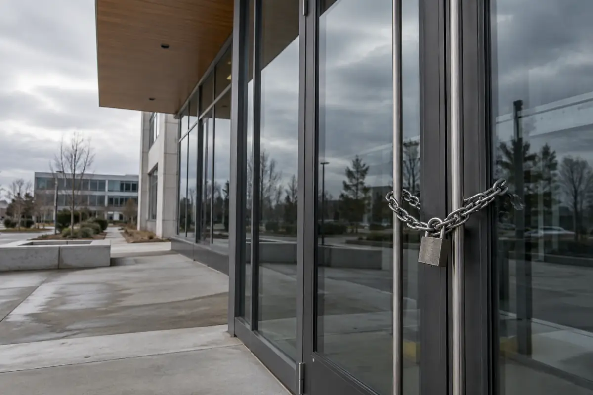 Finished commercial building with a chained entrance, illustrating an unpaid construction project