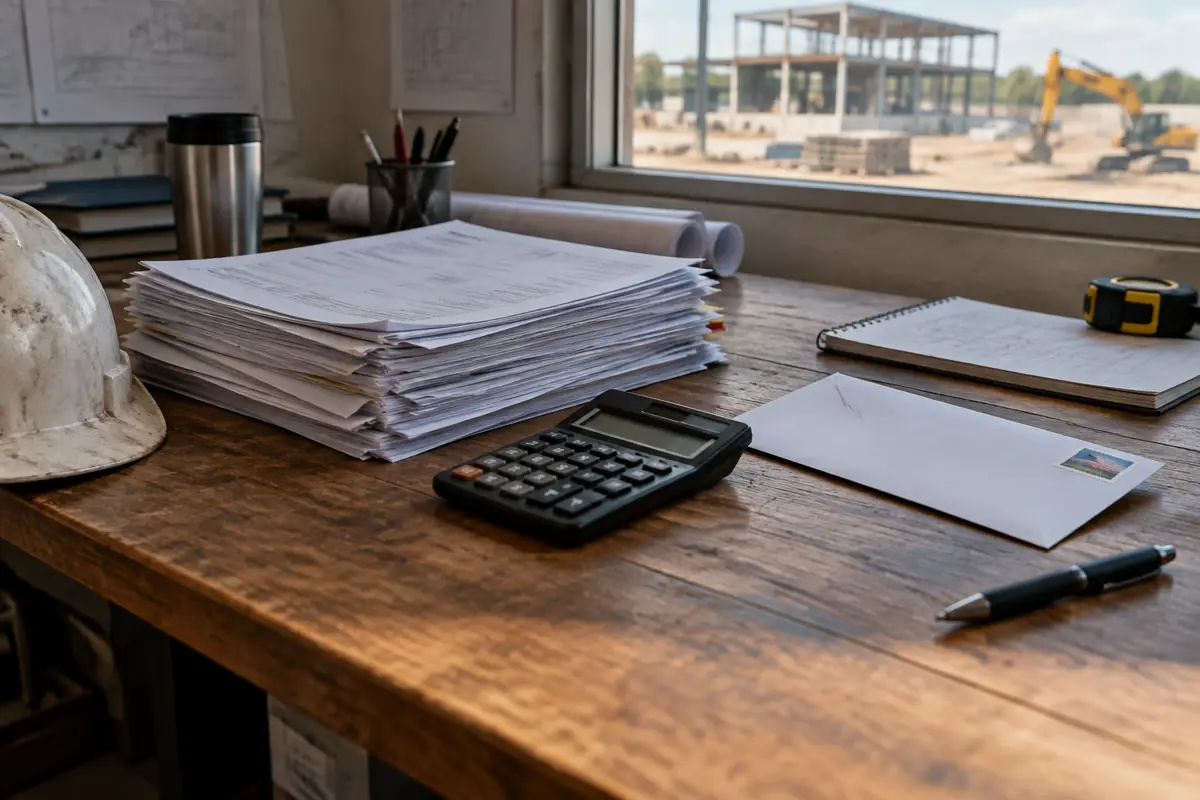 Contractor's desk with invoices and a stamped envelope, illustrating payment notices