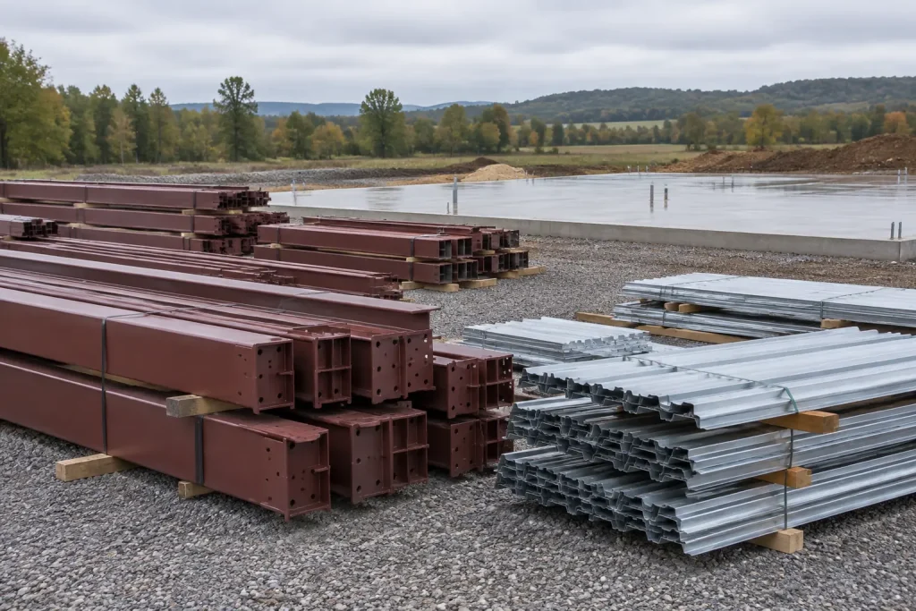 Bundles of steel framing and stacked metal panels on dunnage beside a concrete slab at a building site