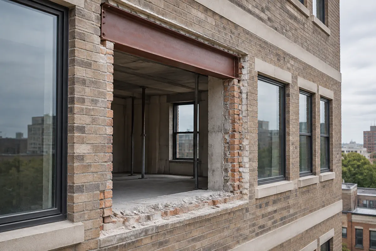 New window opening cut into an older office facade with a steel lintel