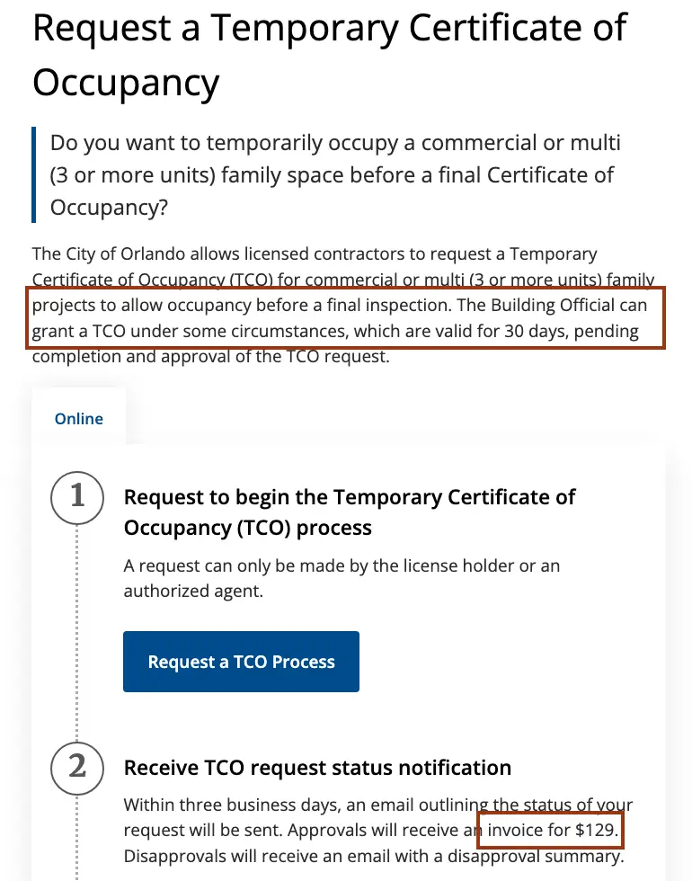 City of Orlando TCO page with the 30-day validity sentence and the $129 invoice line boxed