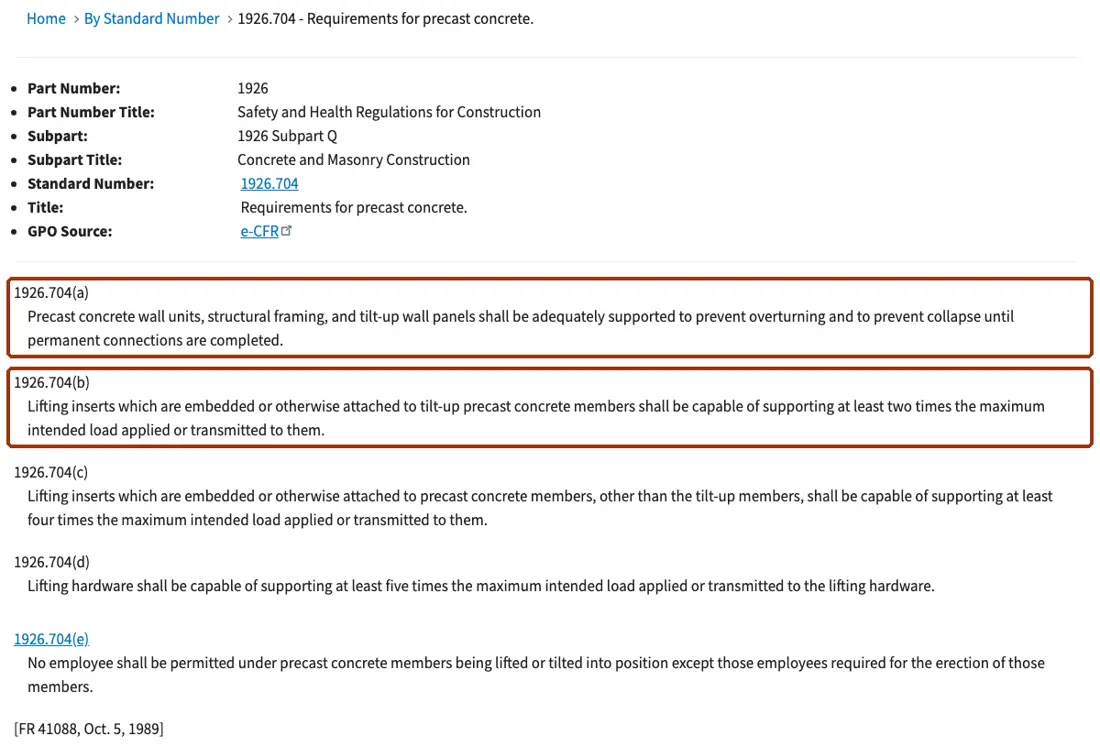 OSHA 1926.704 text with paragraphs (a) on bracing and (b) on the 2 times tilt-up insert rule boxed