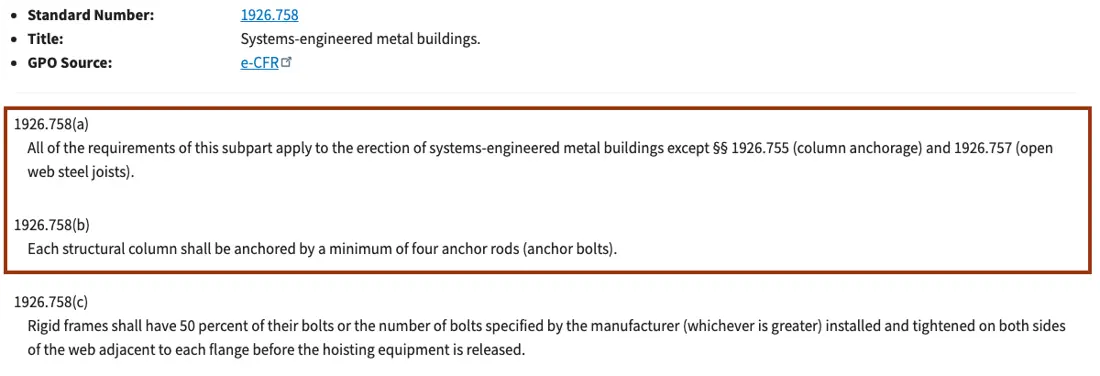 OSHA 1926.758 text with paragraph (a) exempting metal buildings from 1926.755 and (b) four anchor rods boxed