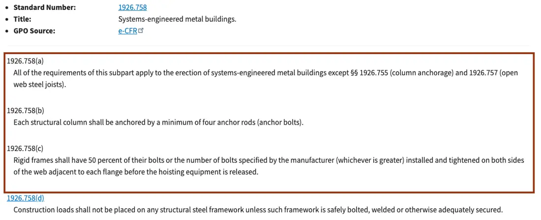 OSHA 1926.758 text with paragraphs (a) to (c) boxed: exemptions, 4 anchor rods per column, 50 percent of frame bolts