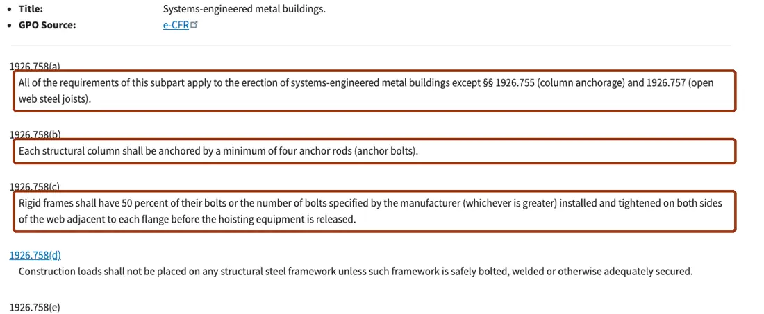 OSHA 1926.758 text with paragraphs (a), (b) on four anchor rods and (c) on 50 percent of frame bolts boxed