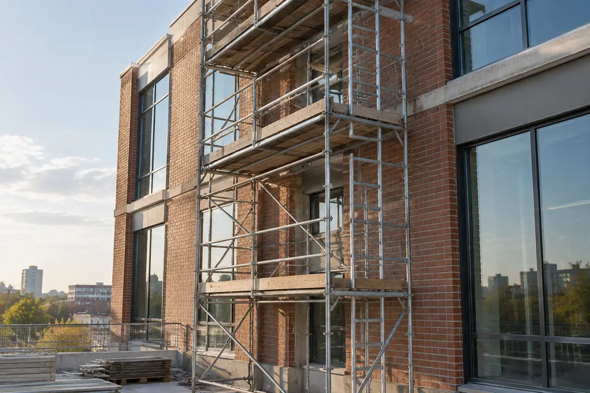 Scaffold tower with guardrails and plank platforms against a commercial building facade