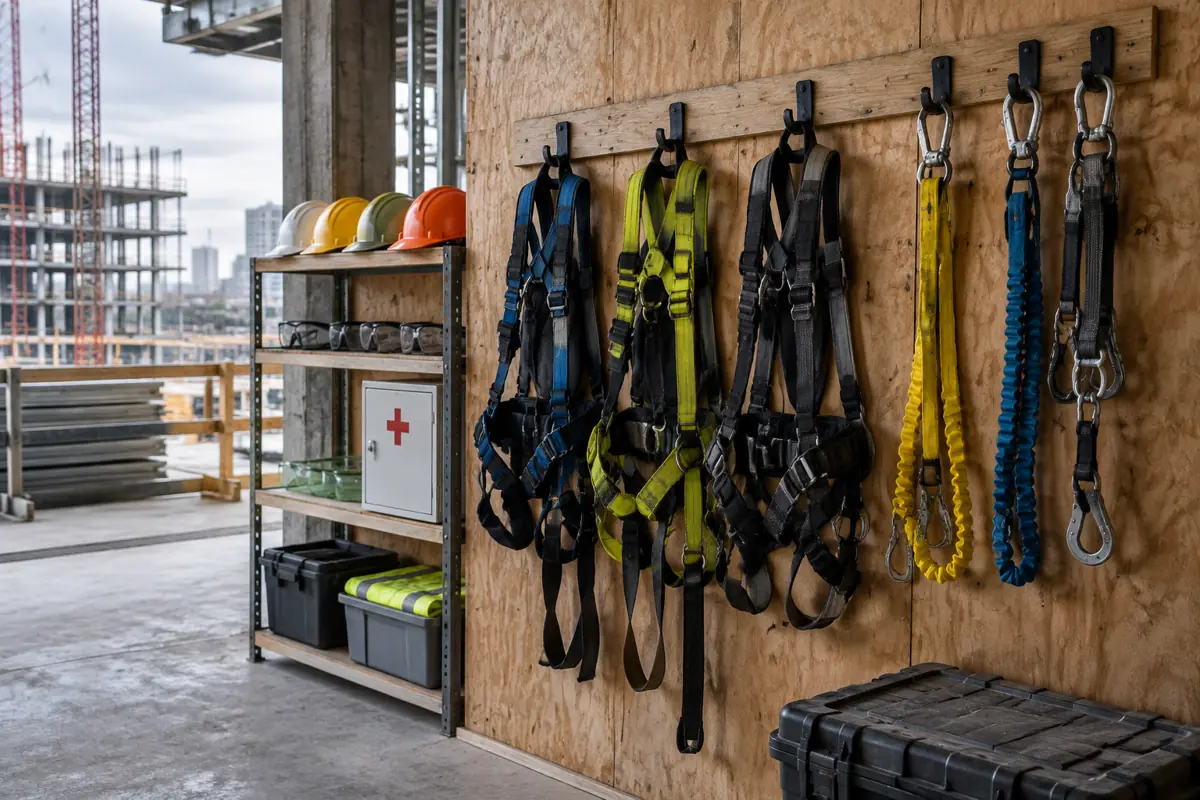 Jobsite safety station with fall-arrest harnesses and lanyards hanging on hooks beside hard hats
