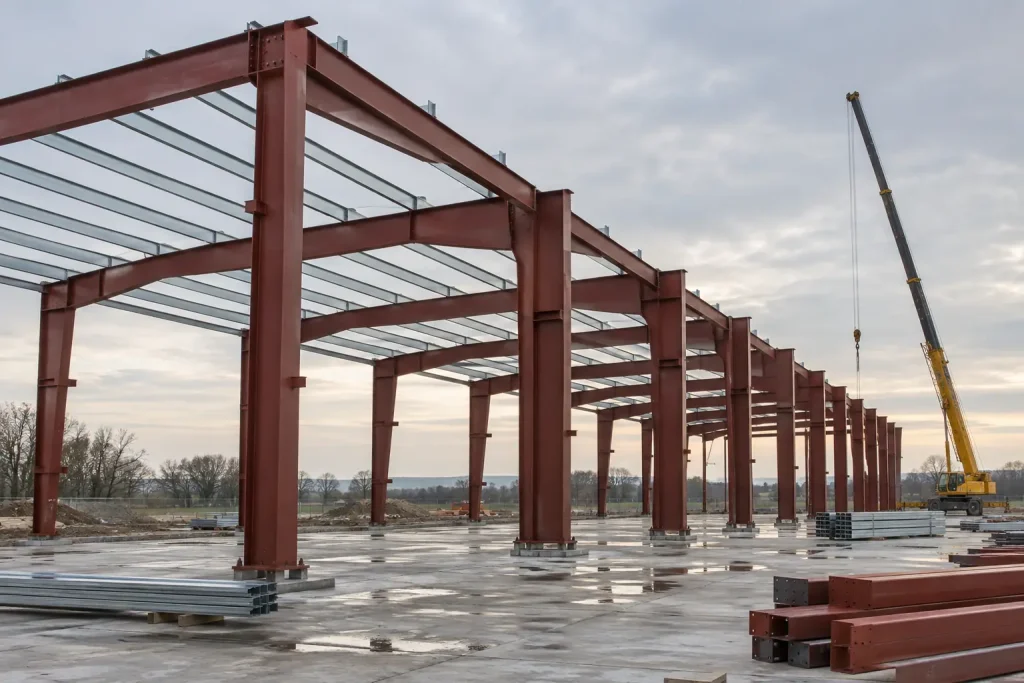 Tapered steel rigid frames of a pre-engineered metal building standing on a slab with roof purlins installed