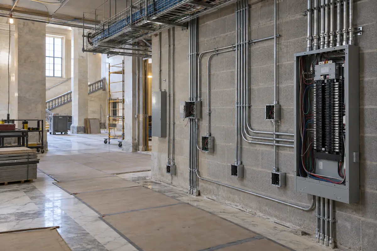 Conduit runs, junction boxes and an open panelboard during electrical rough-in in a courthouse renovation.