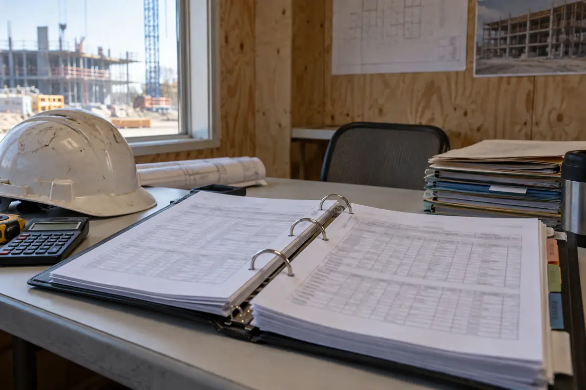 Open payroll binder with blurred weekly payroll forms on a construction site-office table beside a hard hat.