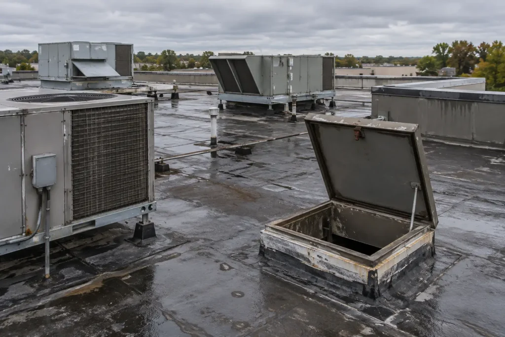 Flat commercial roof with aging rooftop HVAC units and weathered membrane seams