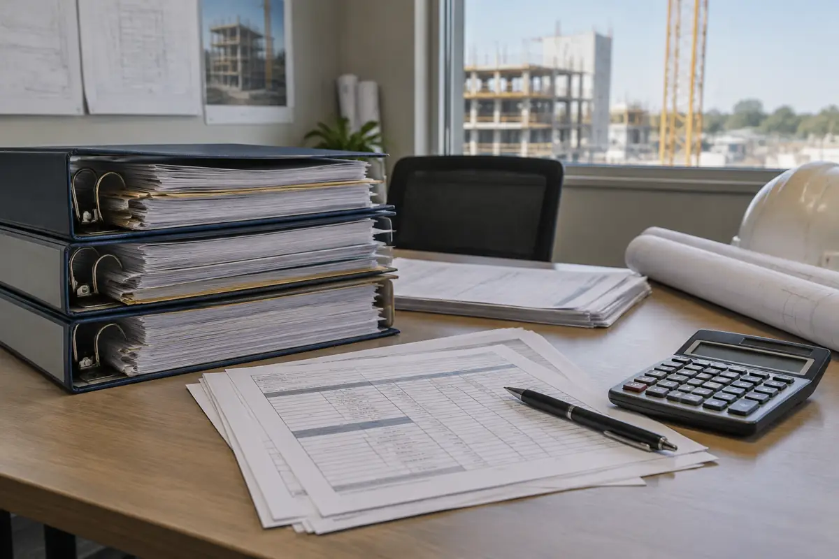 Stack of pay application binders on an office table