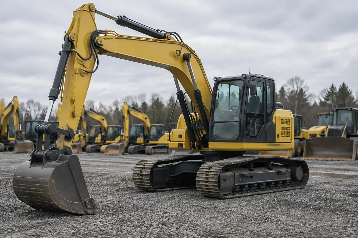New excavator parked on a gravel equipment lot