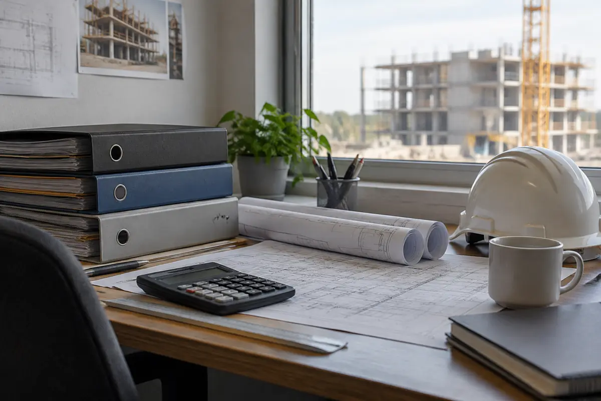 Office desk with stacked loan binders, rolled blueprints and a hard hat