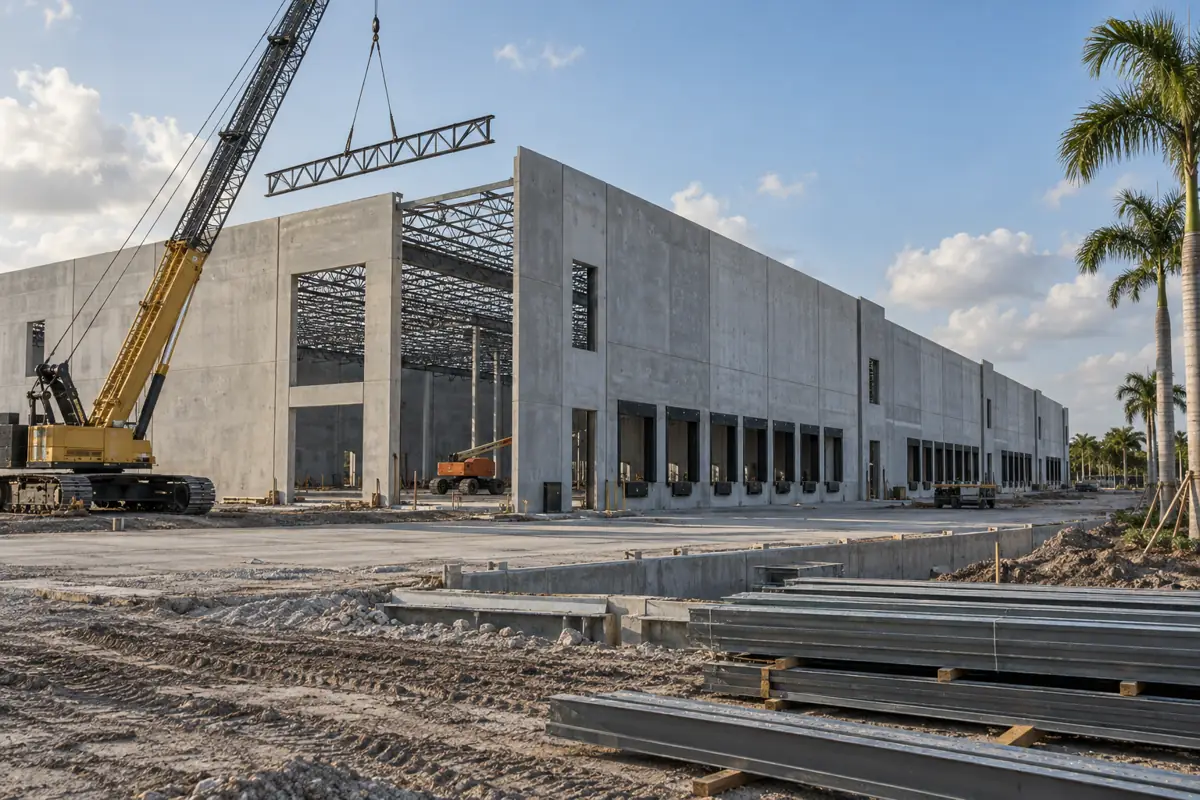 Tilt-up concrete logistics warehouse under construction in Broward County