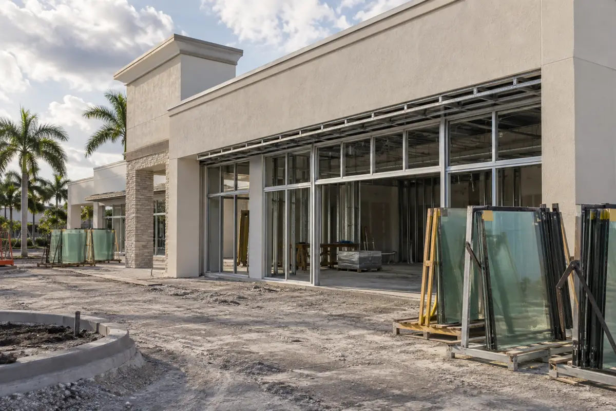 Impact-rated storefront glazing being installed on a Palm Beach County retail building