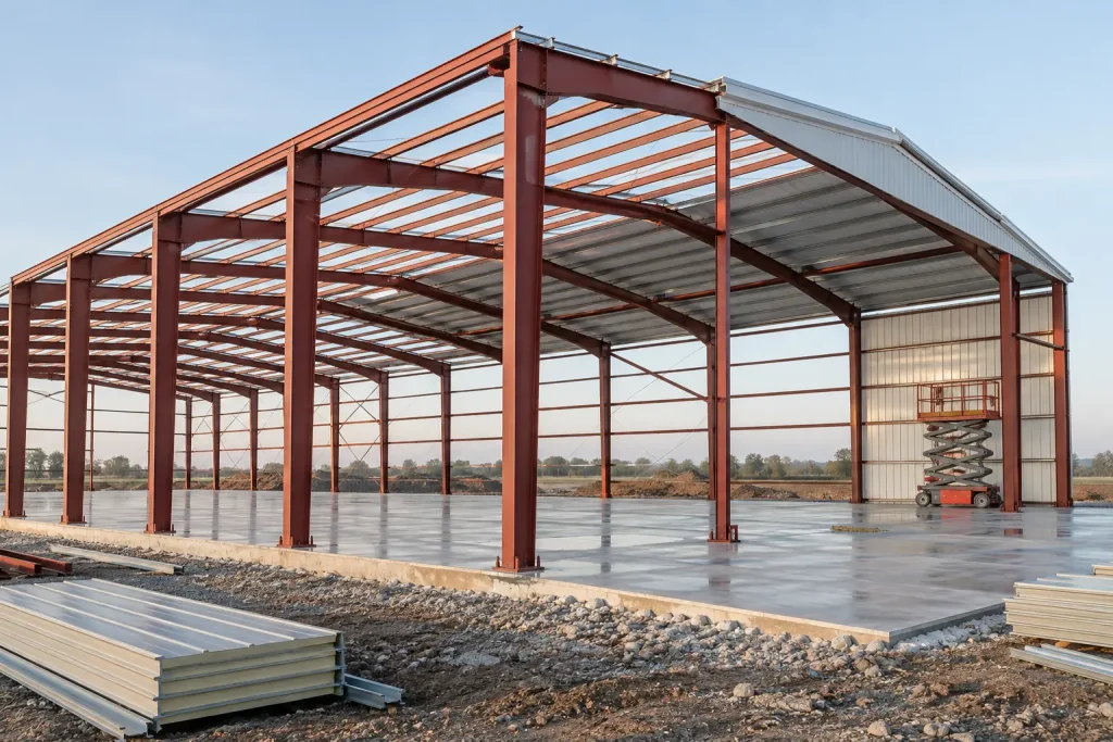 Pre-engineered steel building frame with purlins and the first roof panels installed on a concrete slab