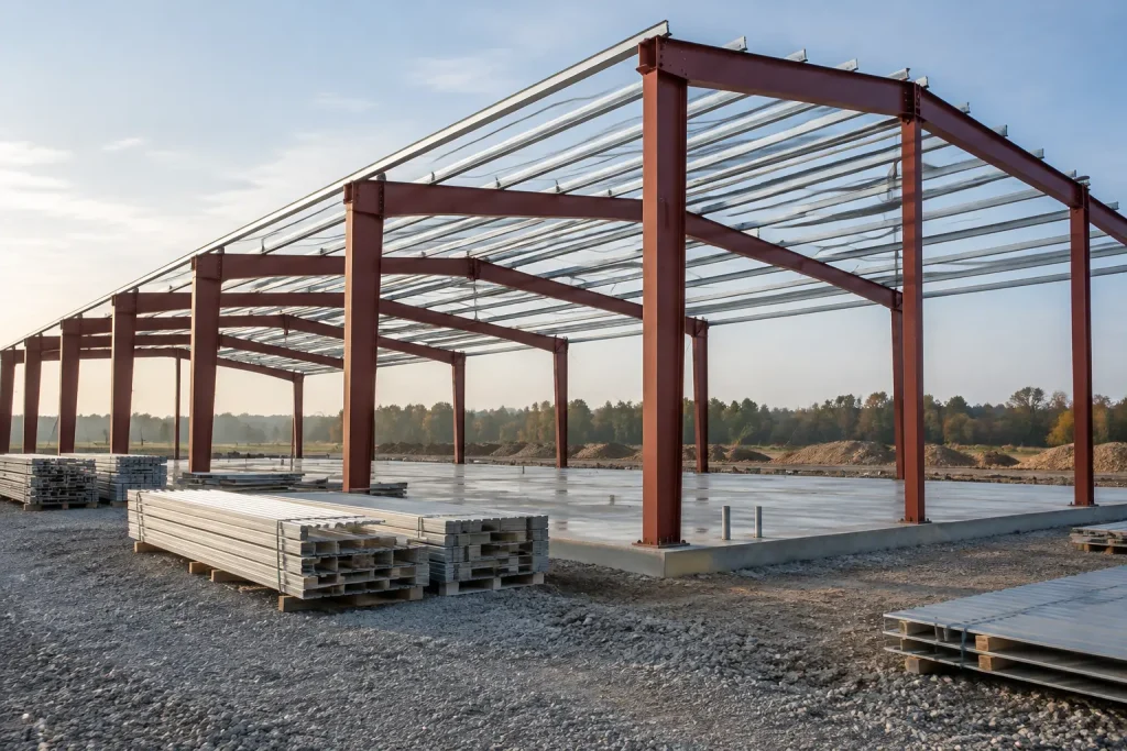 Red-primed steel frames and roof purlins of an unfinished metal building on a concrete slab with panel stacks nearby