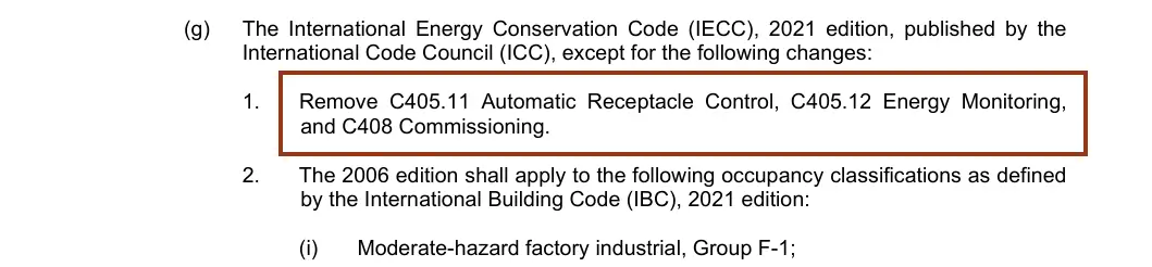 Tennessee rule text adopting the 2021 IECC with the line removing C408 Commissioning boxed
