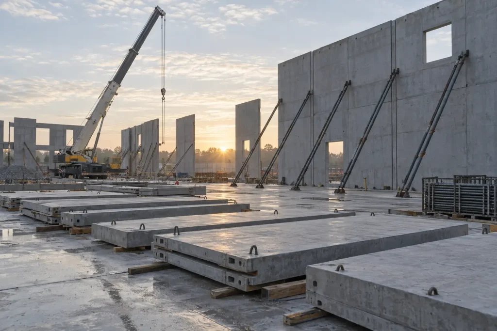 Concrete tilt-up wall panels cast flat on a floor slab, with braced panels and a mobile crane in the distance