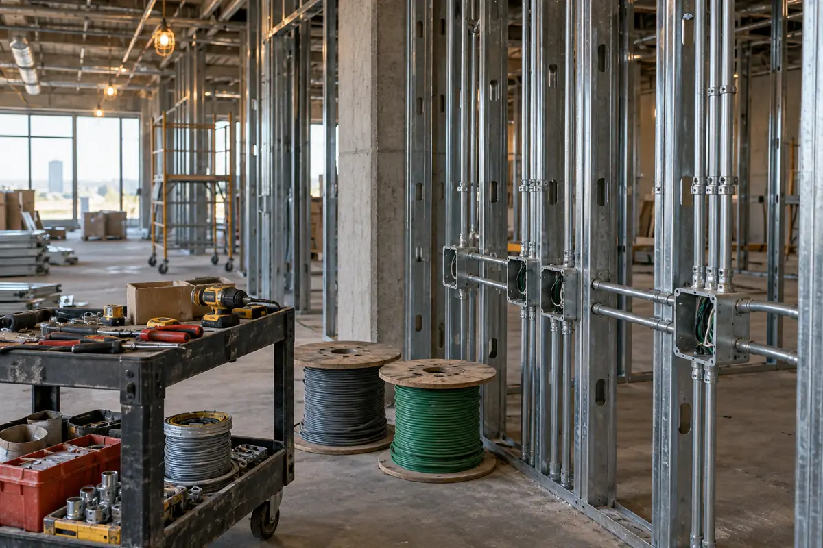 Electrical rough-in with conduit and junction boxes on metal studs, tools on a rolling cart.