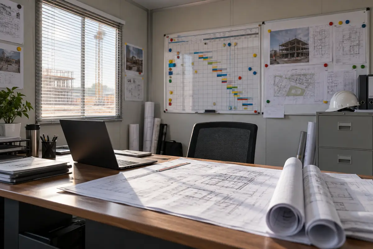 Construction management trailer desk with drawings and wall-mounted schedule boards.